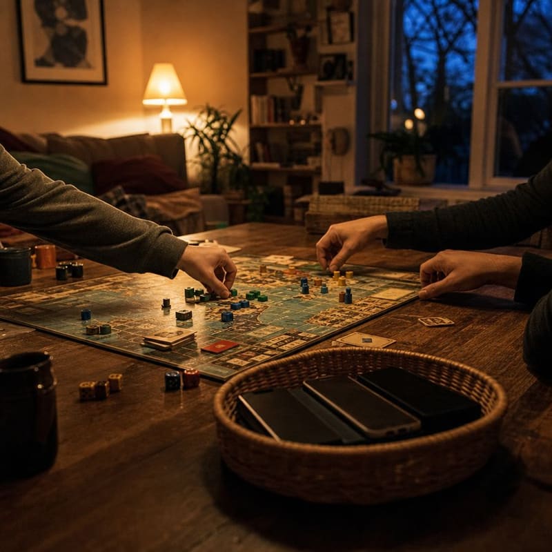 A board game mid-play on a coffee table, family hands reaching in, phones face-down in a basket at the side