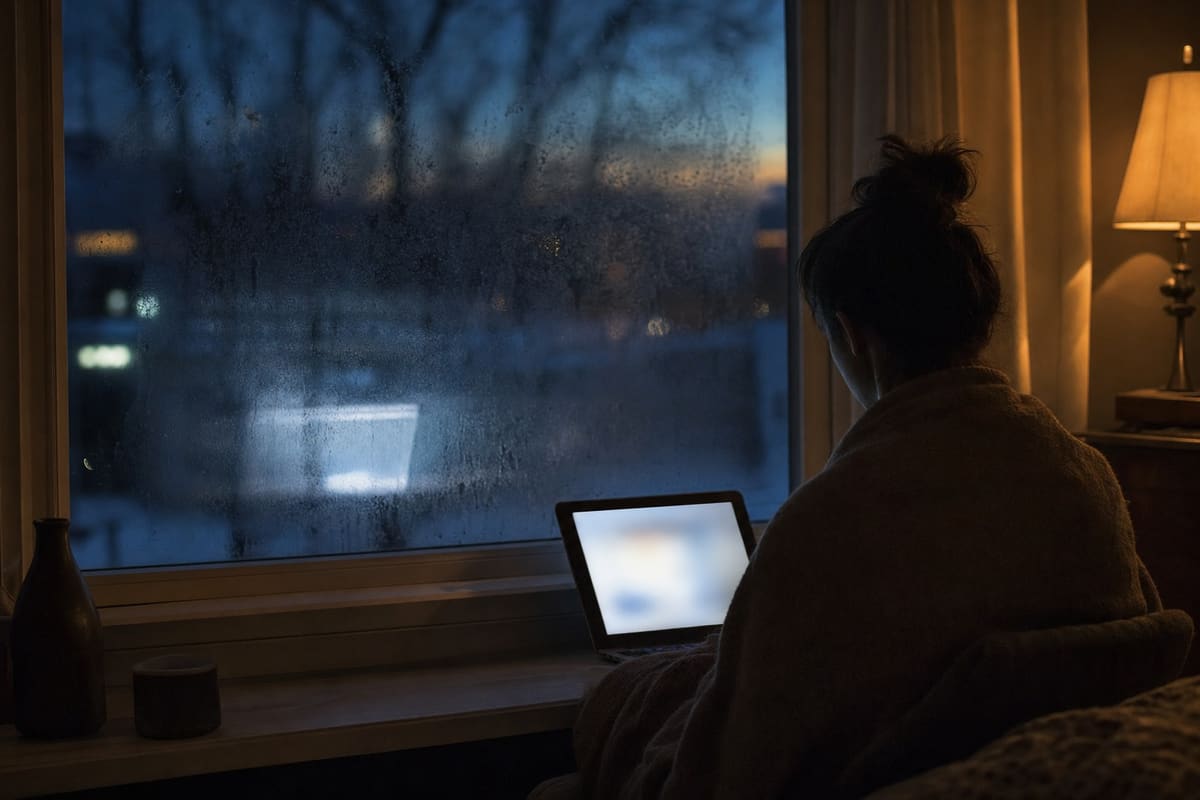 Een raam met condens op het glas, met daarin de weerspiegeling van een laptopscherm