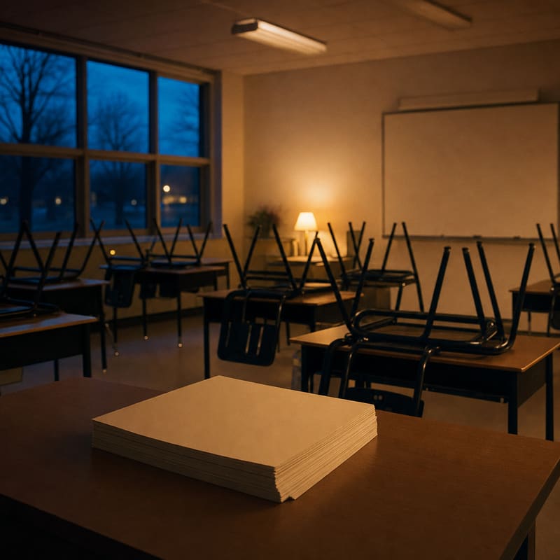 An empty primary school classroom in low golden evening light, chairs up and a blank paper stack on the desk