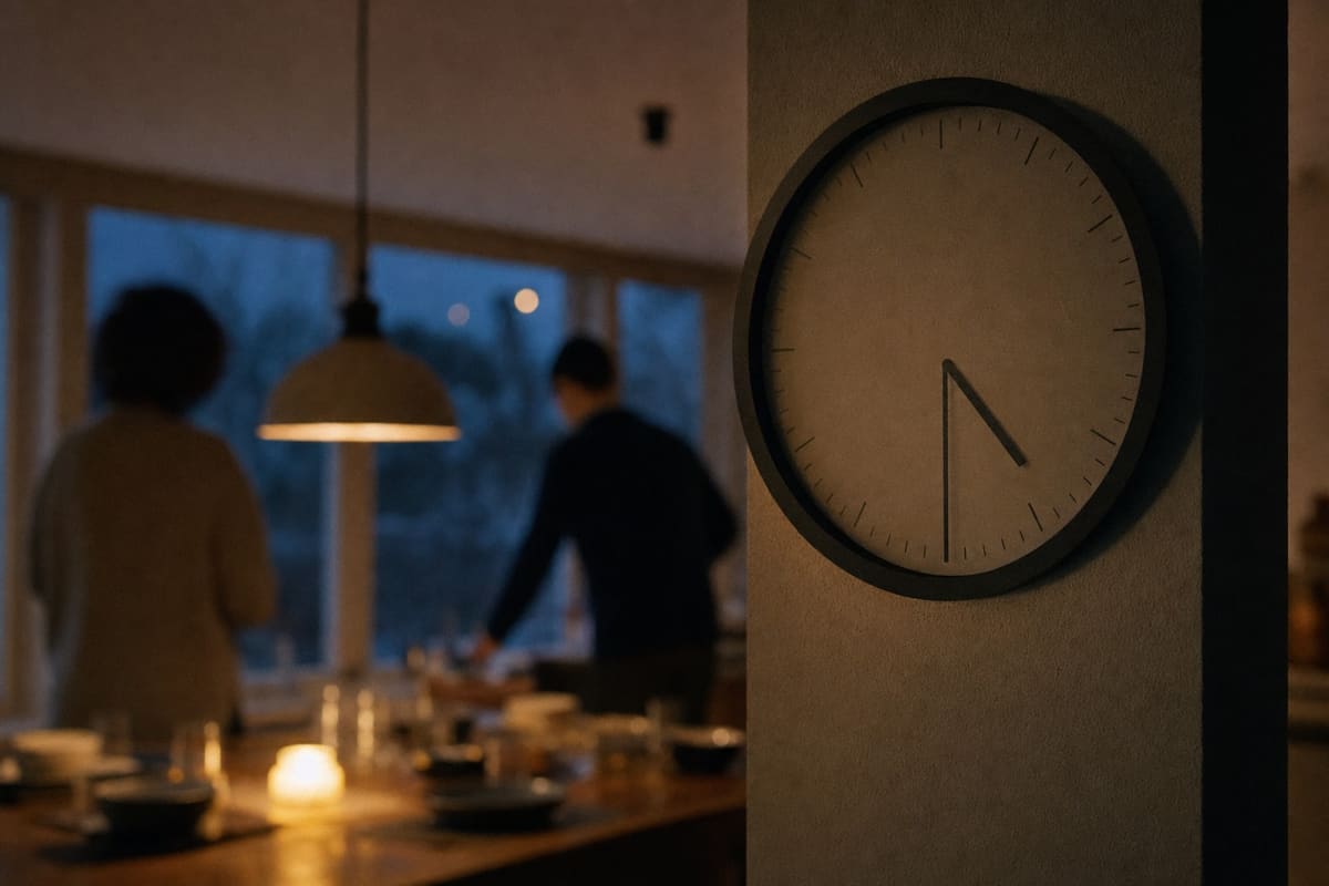 A plain kitchen wall clock in the foreground at dusk, a table being laid out of focus behind it