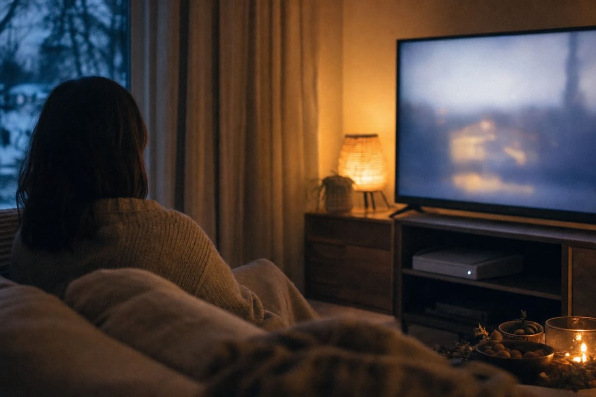 A games console on a television shelf with a single standby light, living room at dusk