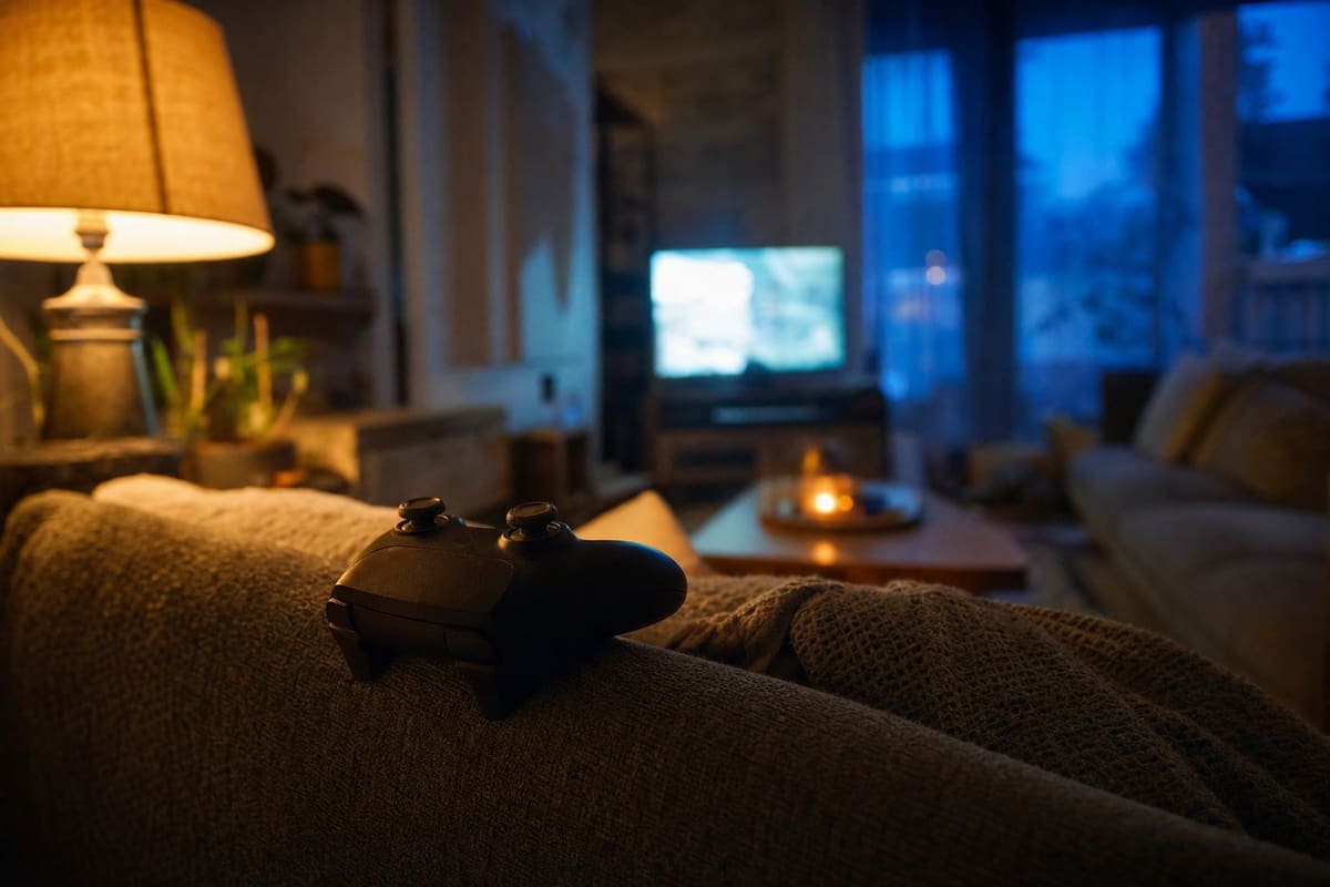 A game controller resting on a sofa arm in warm evening lamp light