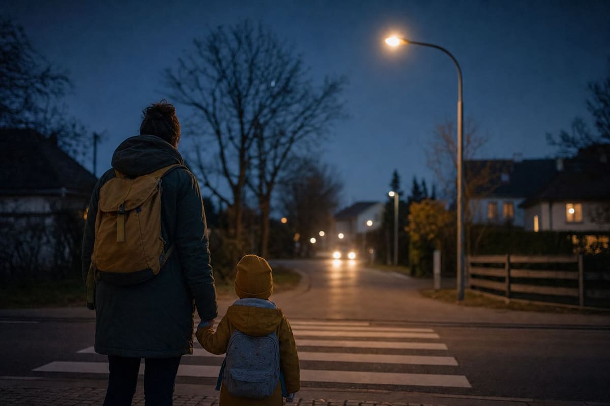 A pedestrian crossing at dusk, headlights blurred behind the signal