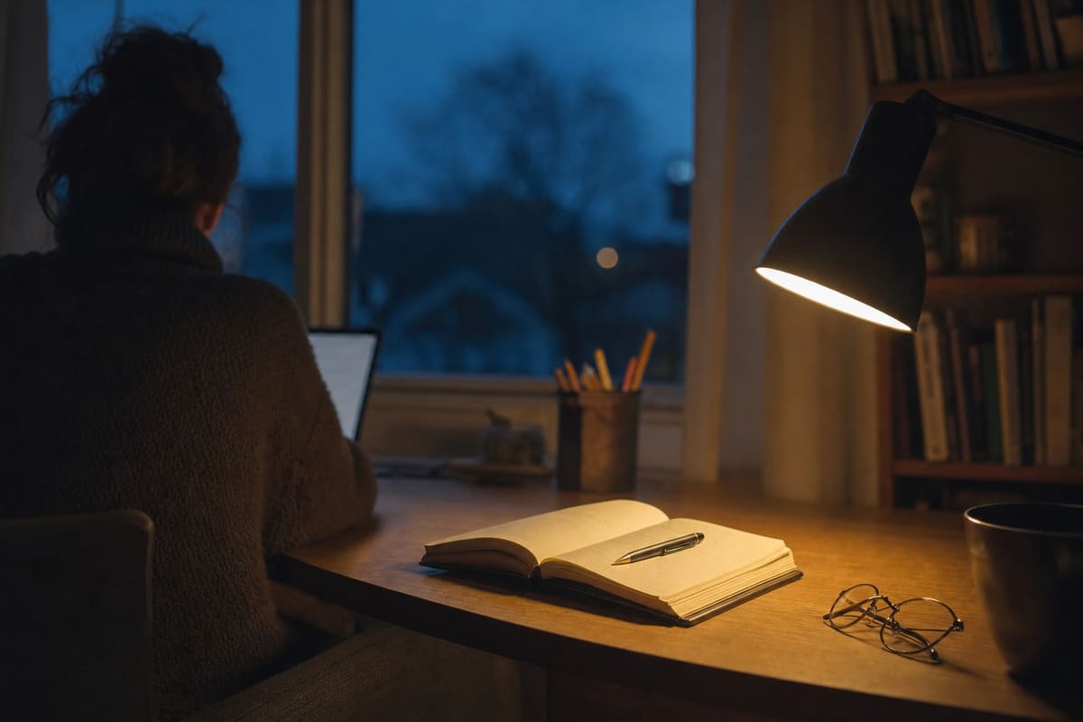 An open notebook, a pen and reading glasses under a desk lamp in the evening