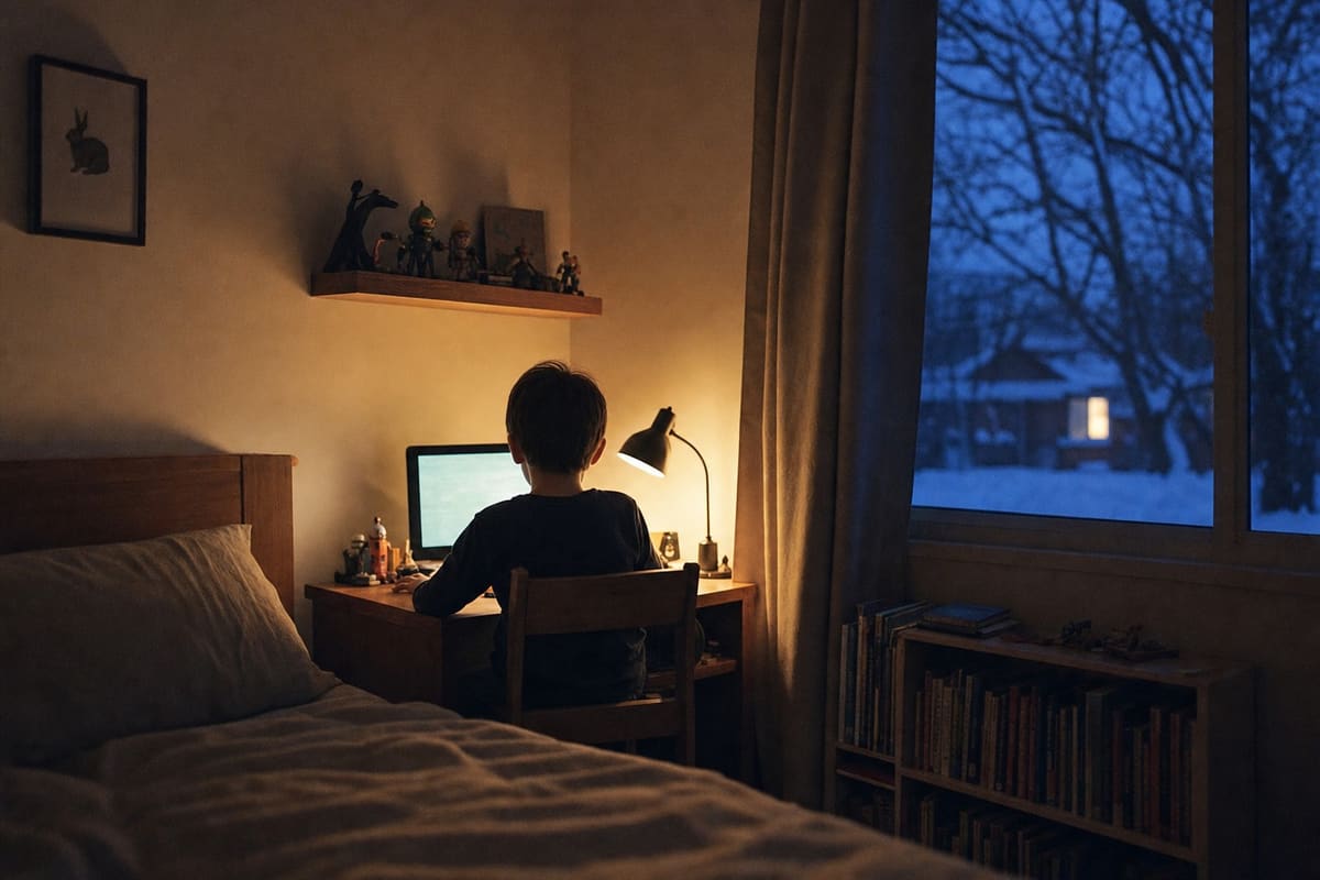 A child-height desk in the corner of a bedroom, monitor glow on the wall, small toys on the shelf above