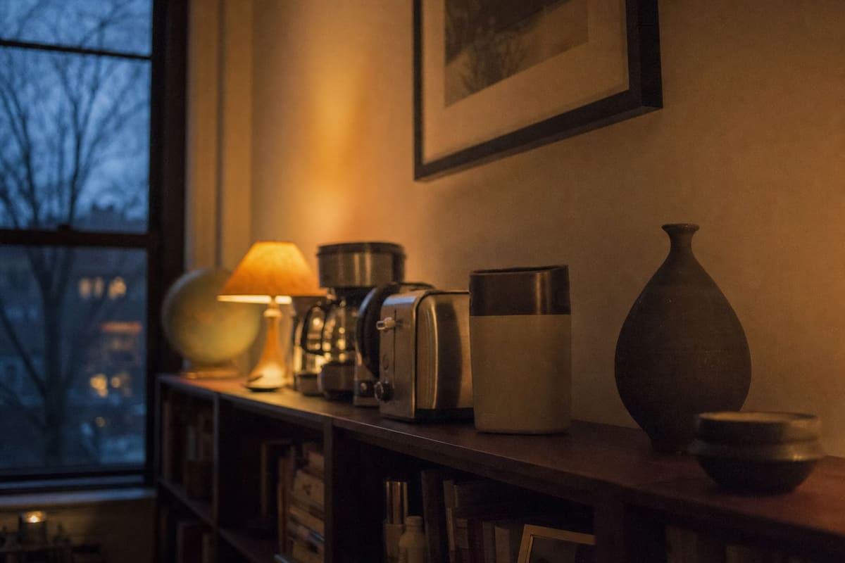 A shelf holding a row of ordinary household devices, evening light from a window to one side