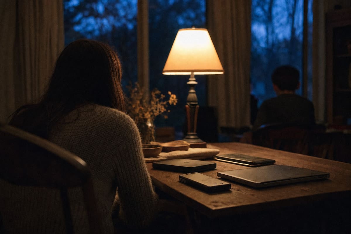 Several household devices lying face-down on a dining table beside one lit lamp