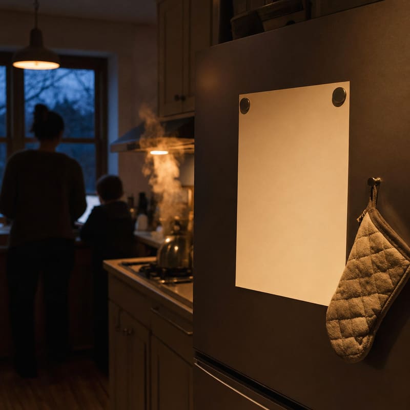 A family fridge at dusk, a blank sheet for the house rules held up by two round magnets