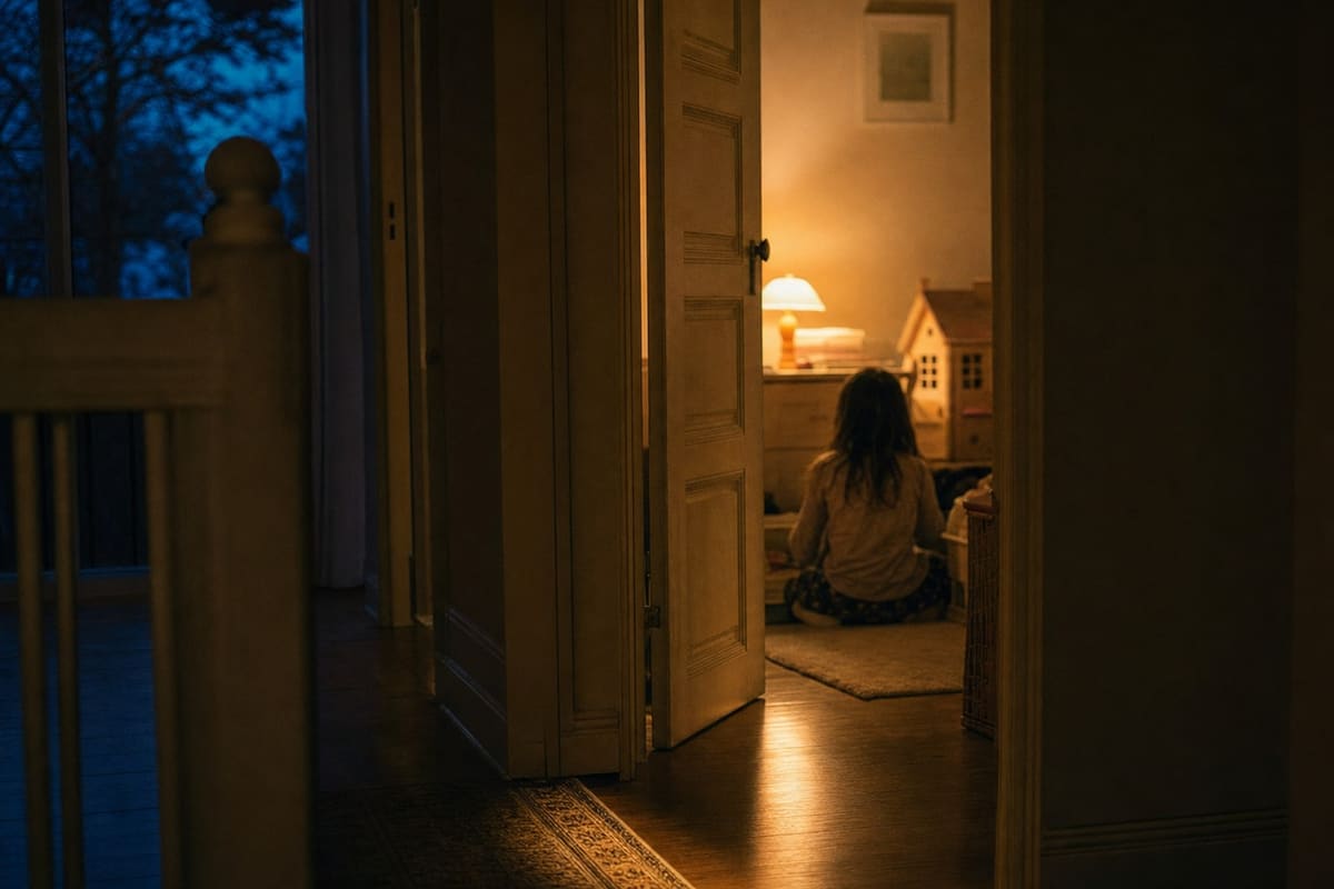 A domestic hallway at night with a child's bedroom door ajar and warm light across the floor