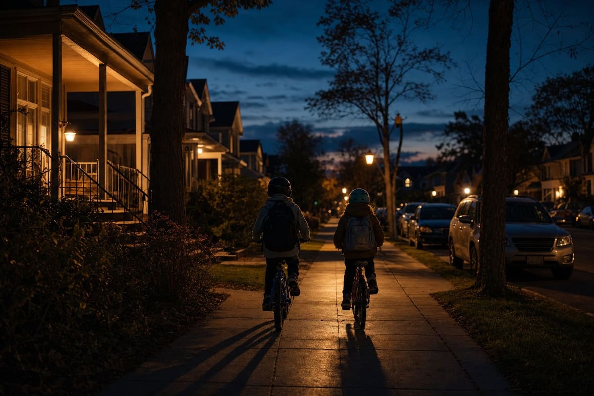 Two children cycling home along a suburban street at dusk, porch lights glowing along the houses
