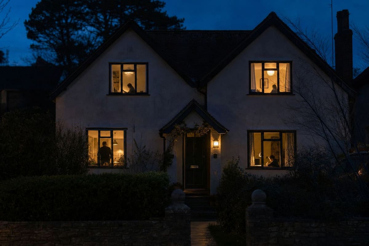 A family house at dusk with four warmly lit windows against a deep blue evening sky