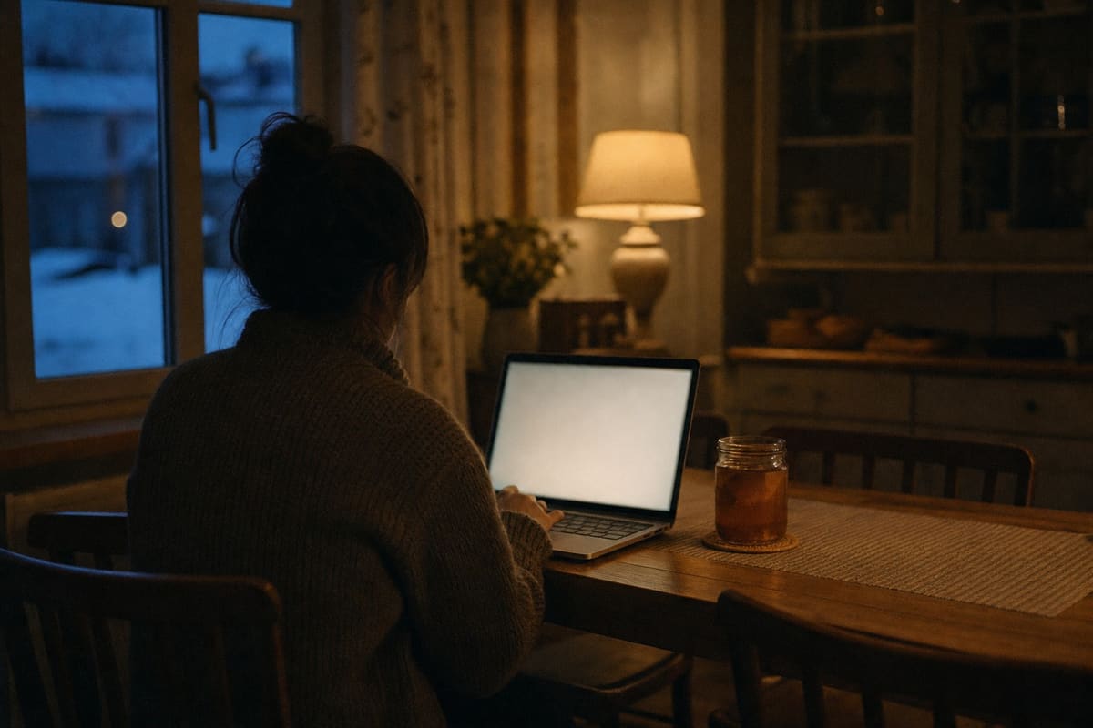 A laptop open on a kitchen table casting a soft glow, a cold cup of tea beside it
