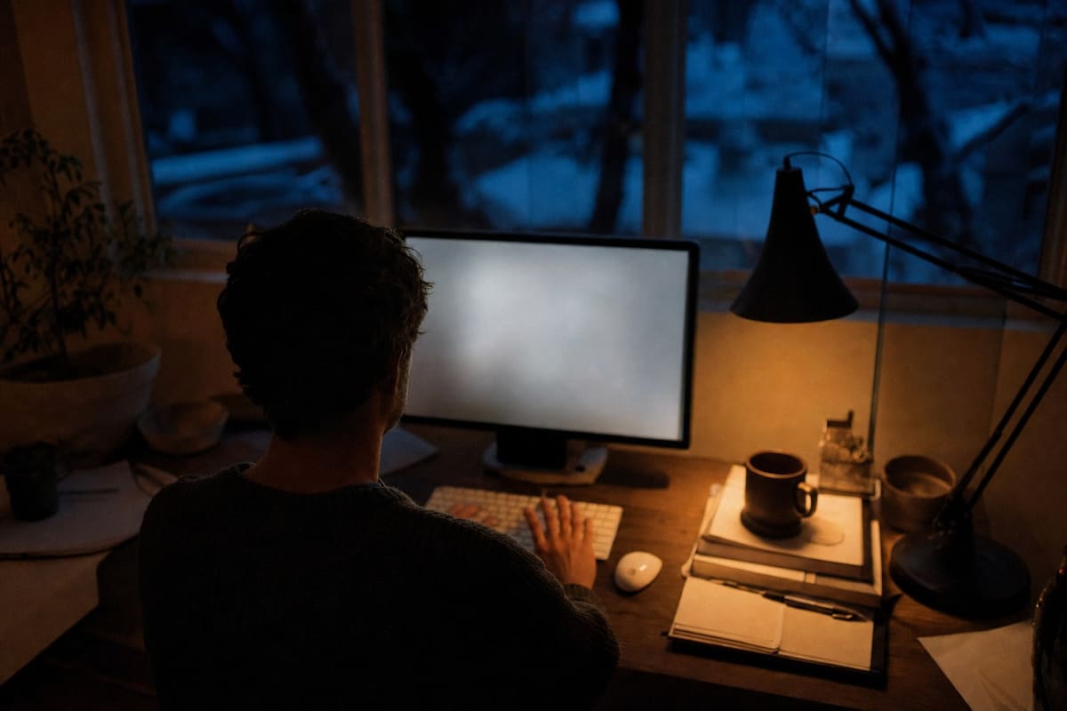 Hands resting on a keyboard seen from above at night, one lamp lighting the desk