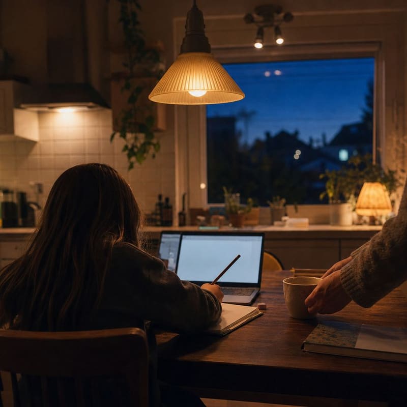 A child doing homework at the kitchen table beside a softly glowing laptop, a parent's hands bringing tea