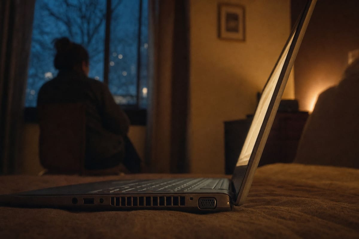 An older laptop open on a bed at night, close on the side vent, warm glow along the screen edge