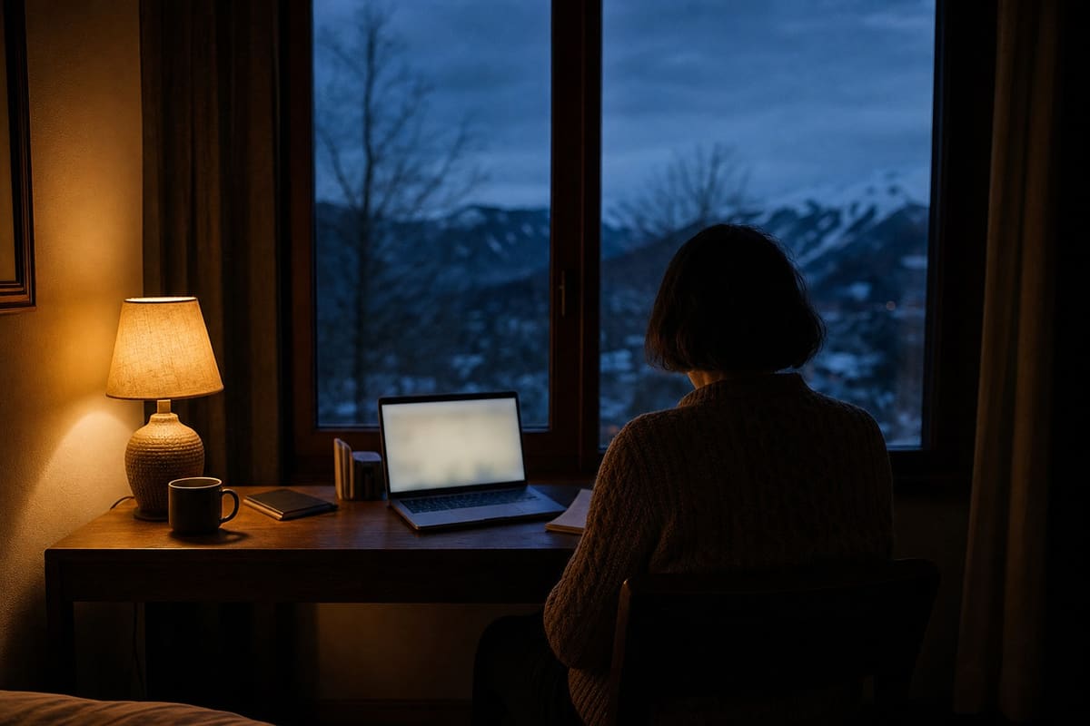 A laptop on a desk facing a large window at blue hour, the room lit by one lamp