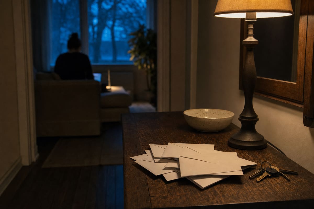 A pile of unopened post on a hall table under a low warm light