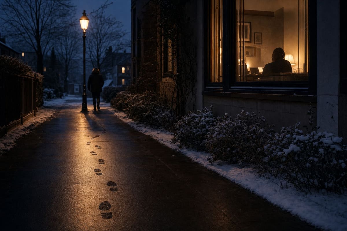 Wet pavement with a trail of footprints under a streetlamp at blue hour
