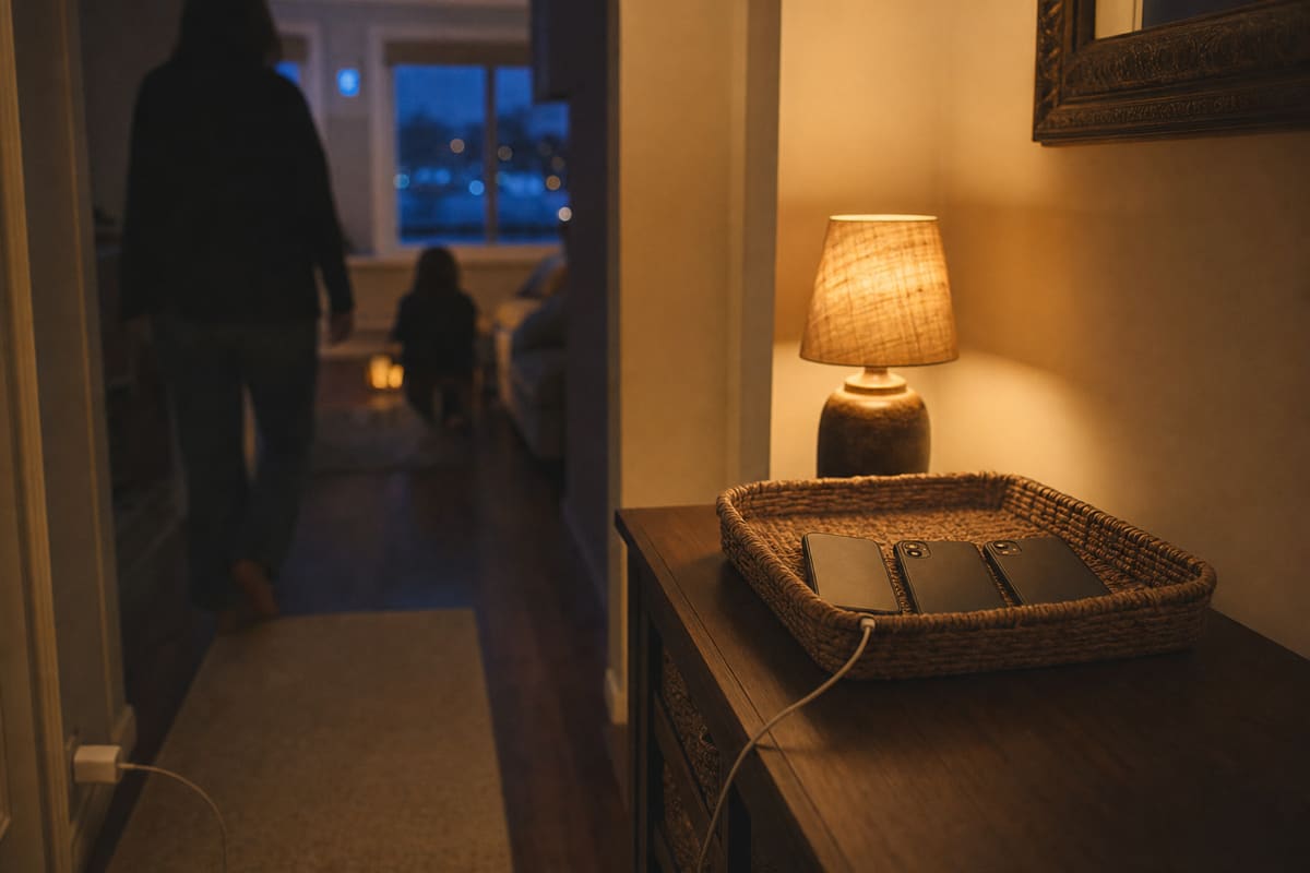 Three family phones face-down in a woven basket on a hallway table, lamp beside them