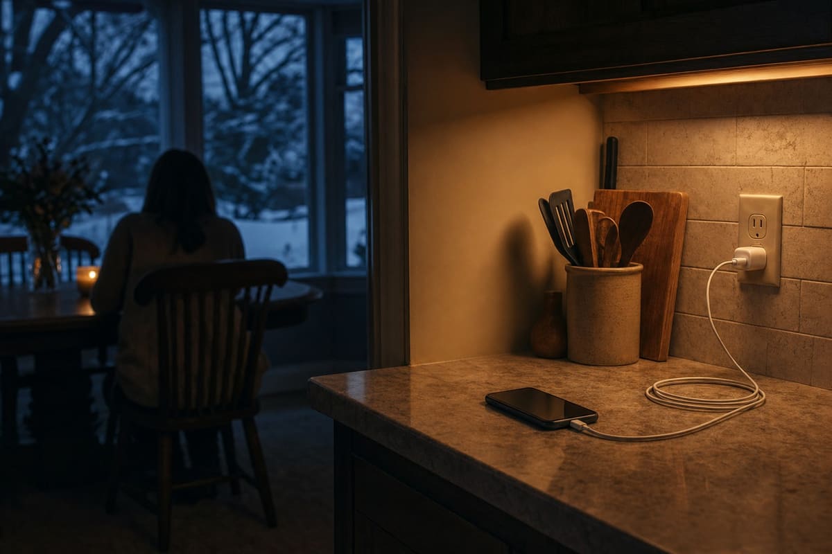 A phone charging on a kitchen counter overnight, cable coiled, warm light from under the cabinets