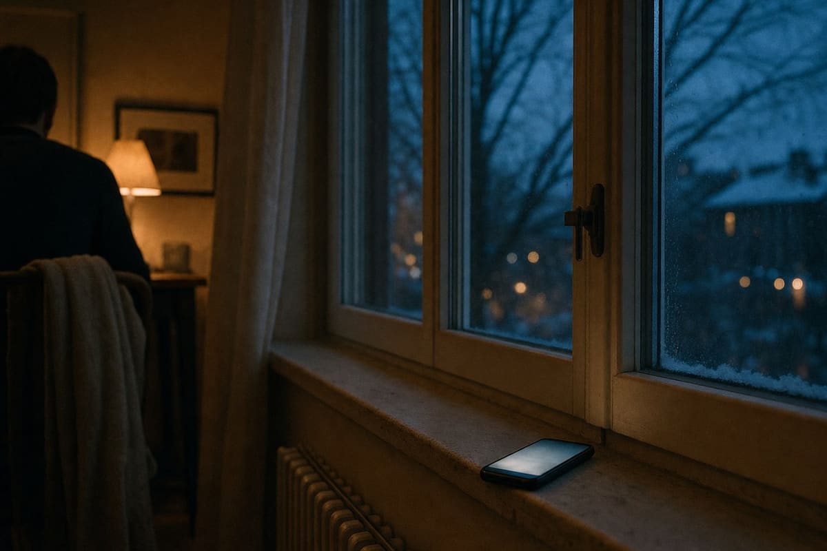 A phone lying face-up and ringing on a windowsill at dusk, the screen an anonymous glow