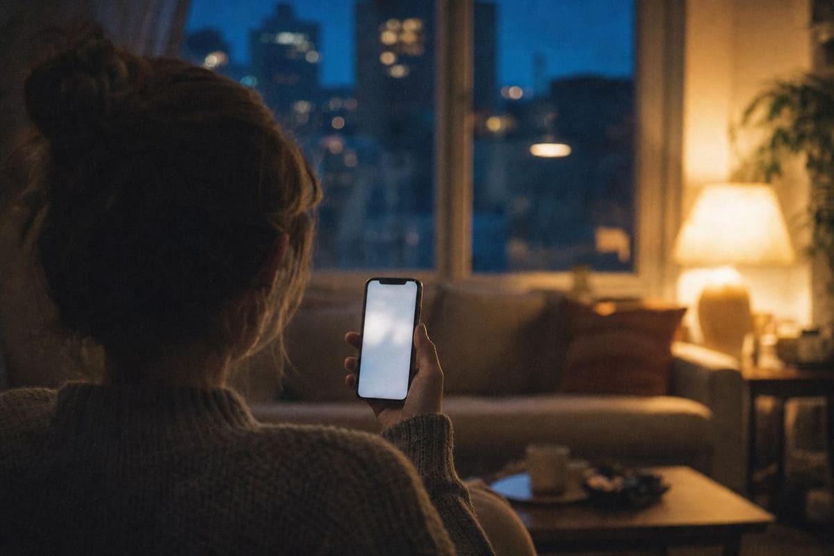 A phone held upright, seen over a shoulder from behind, sofa and lamp beyond