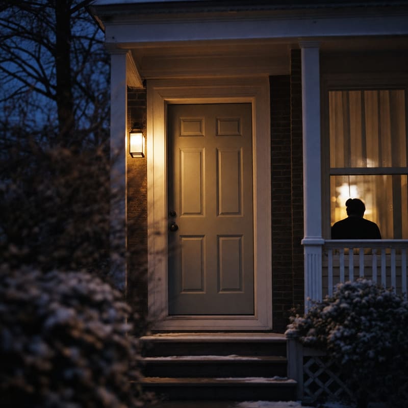 A warm porch light glowing beside a front door at blue hour