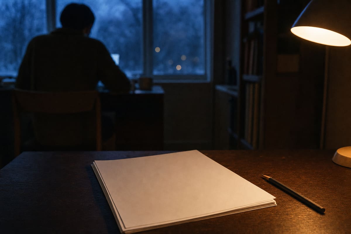 Blank paper sheets and a sharpened pencil on a wooden school desk in late afternoon light