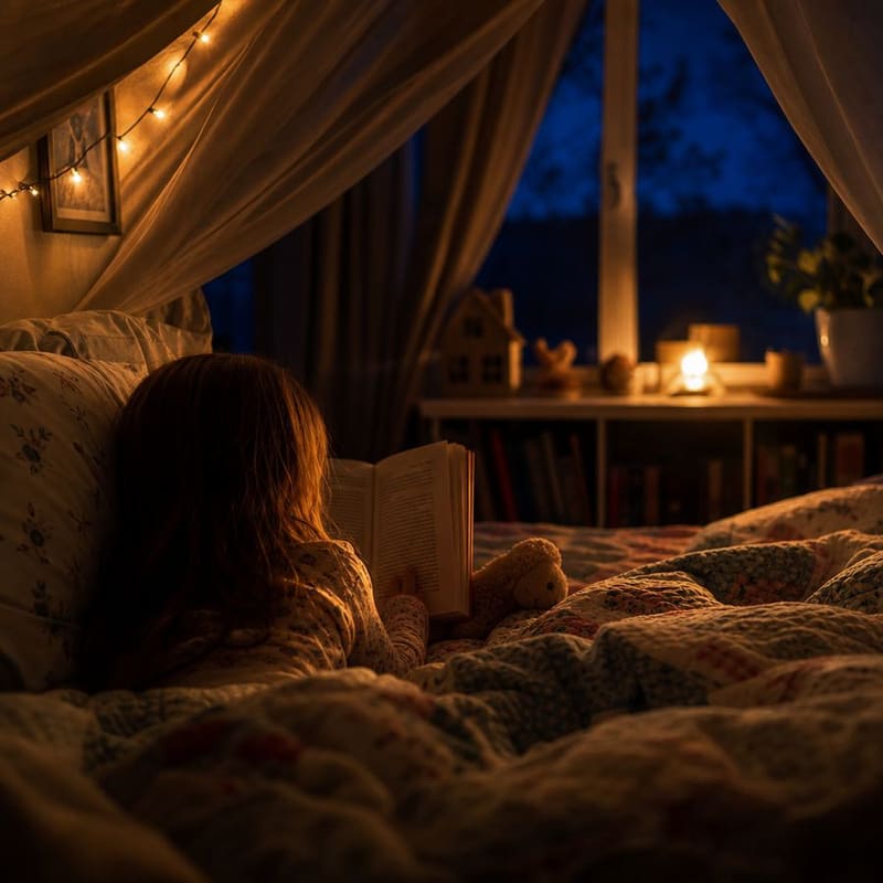 A child reading a paper book in bed under a warm bedside lamp, deep blue night in the window