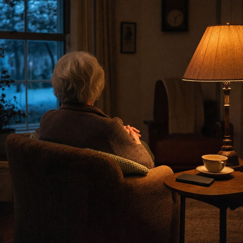 An older person in an armchair under a warm reading lamp, phone face-down on the side table beside a cup of tea