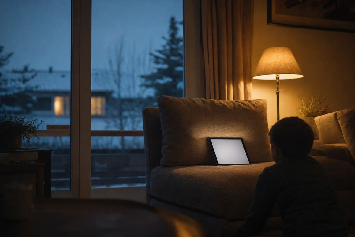 A tablet propped against a sofa cushion giving off a soft glow, a child watching from the side in silhouette
