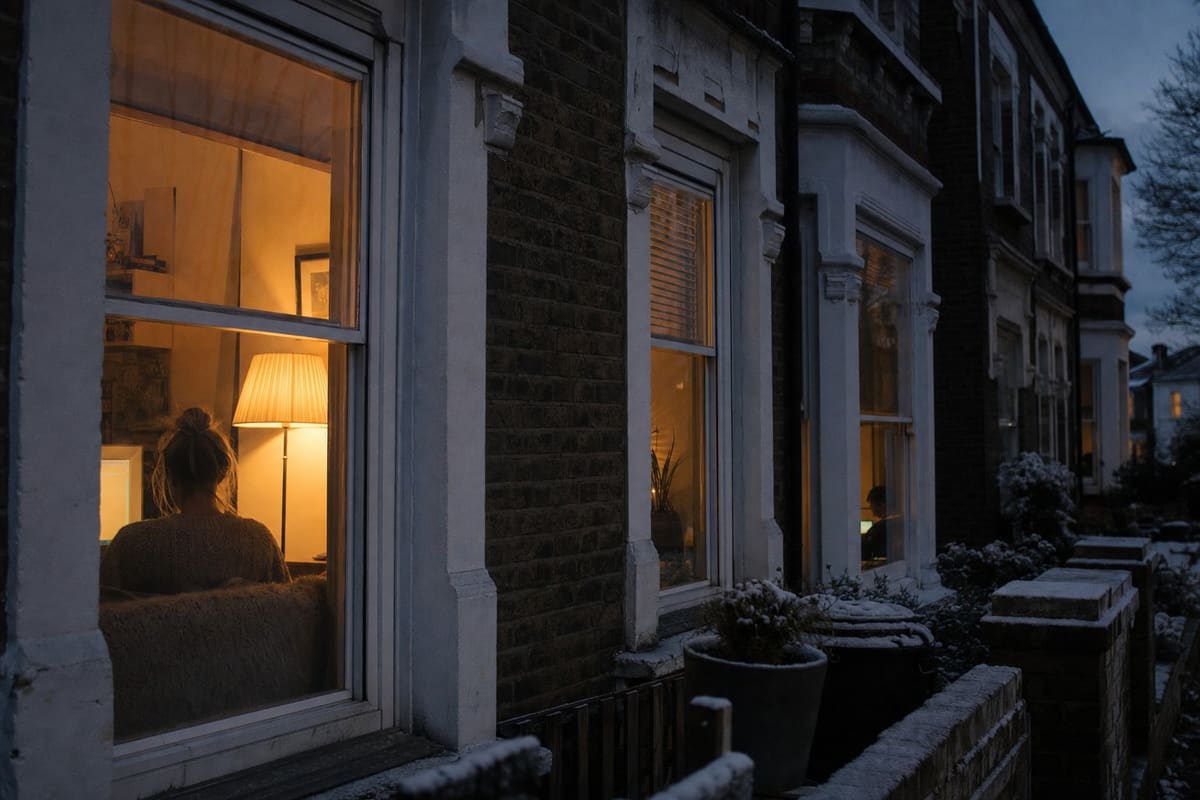 A row of terraced house windows lit from inside, seen from the street at blue hour