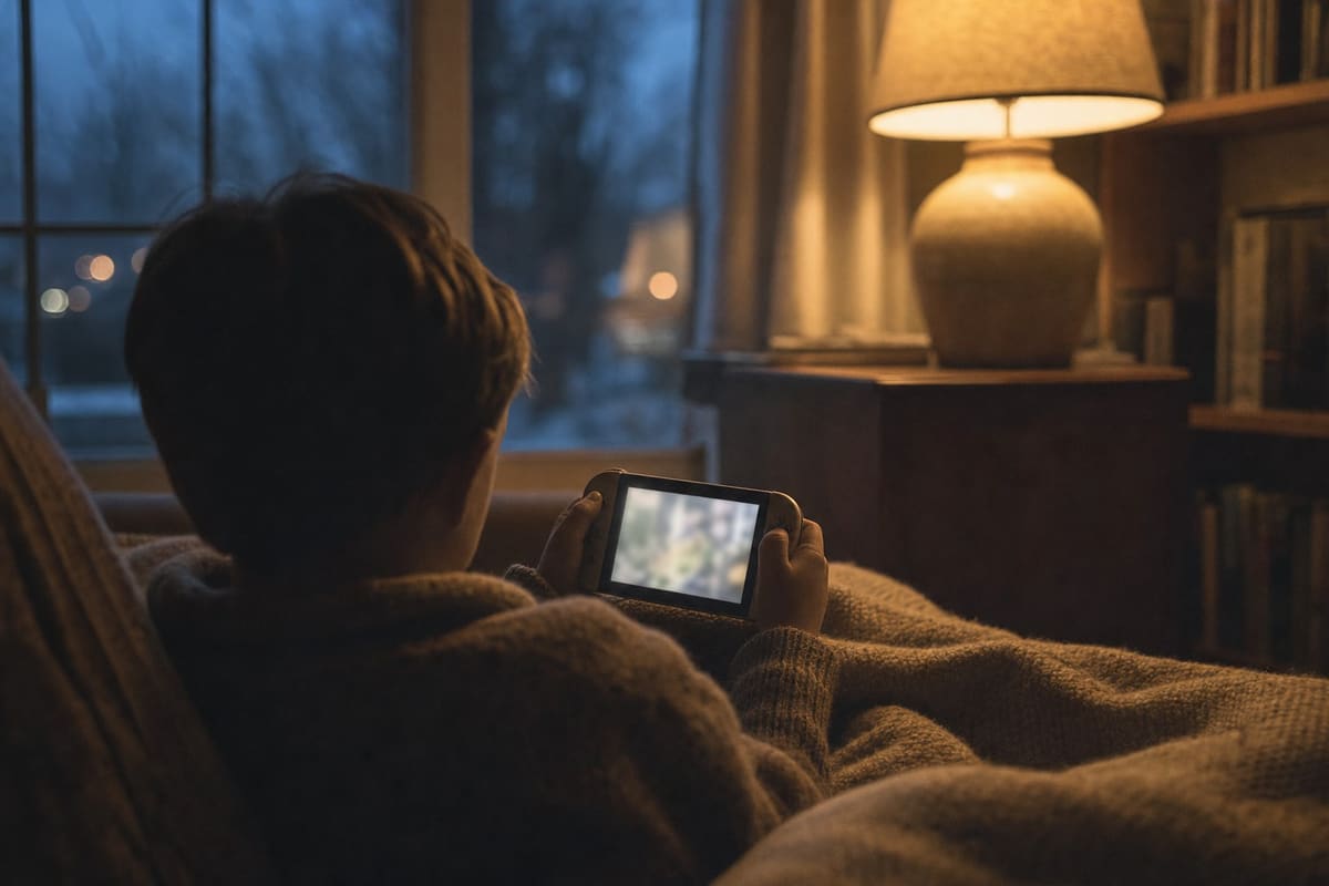 A child seen from behind on a sofa under a wool blanket, holding a handheld console, a lamp lit behind them