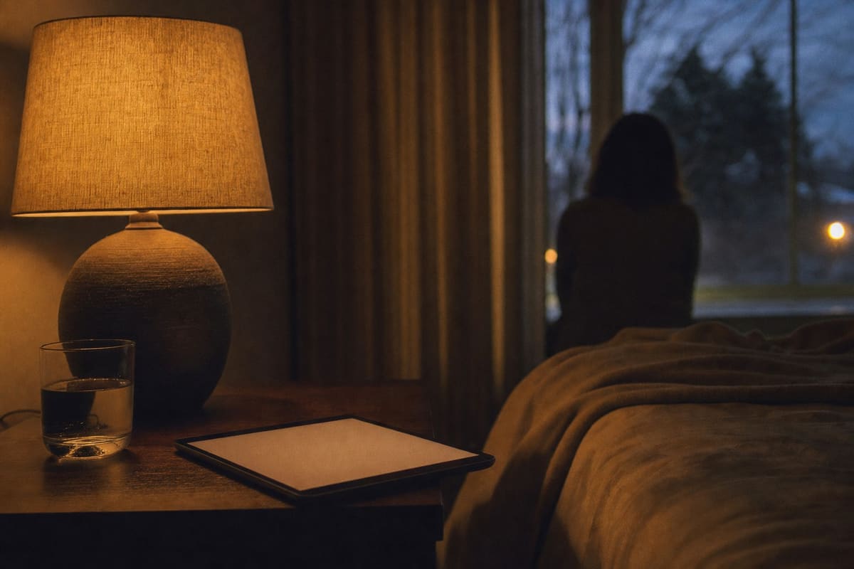 A tablet lying on a bedside table beside a lamp and a glass of water