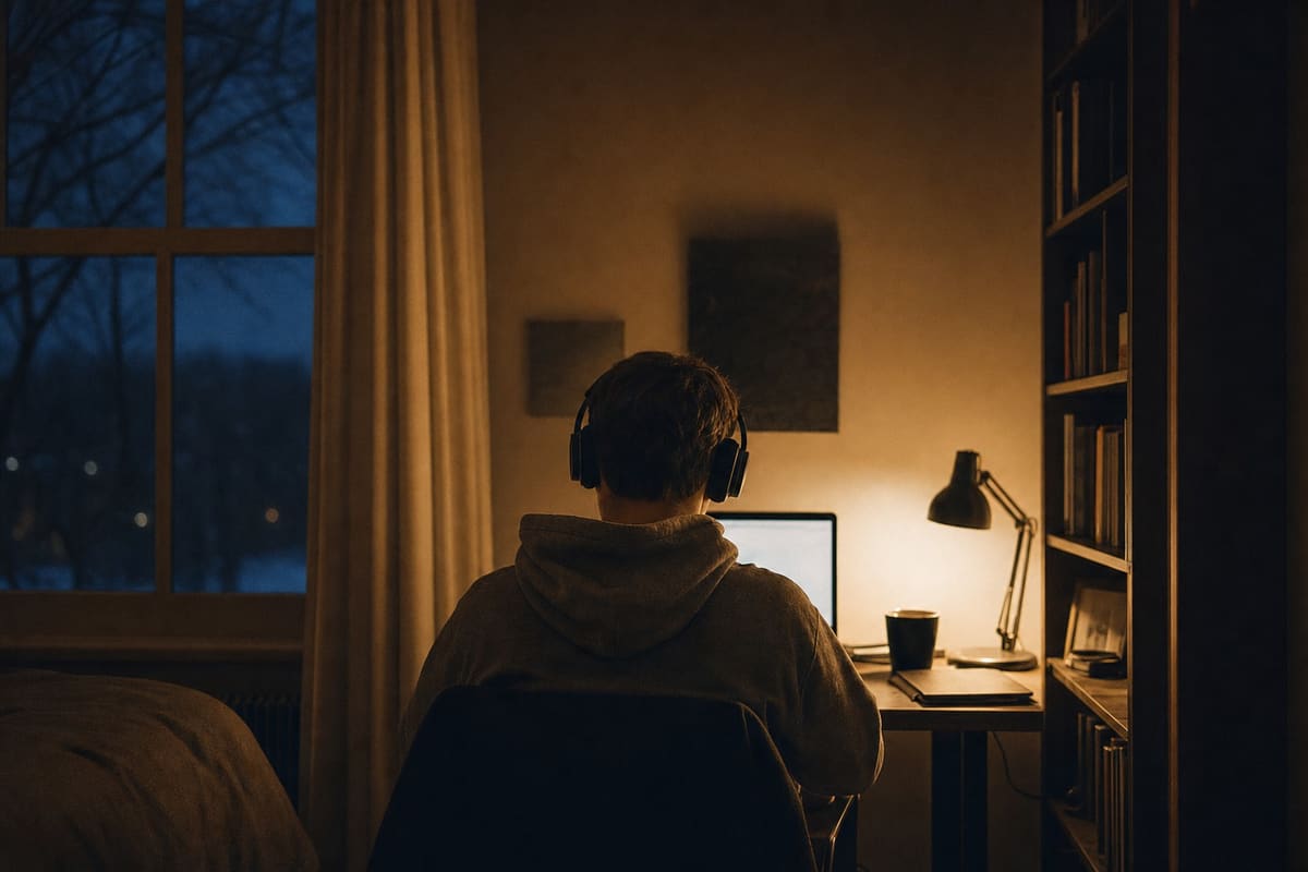 A teenager seen from behind at a desk wearing over-ear headphones, screen glow on the wall