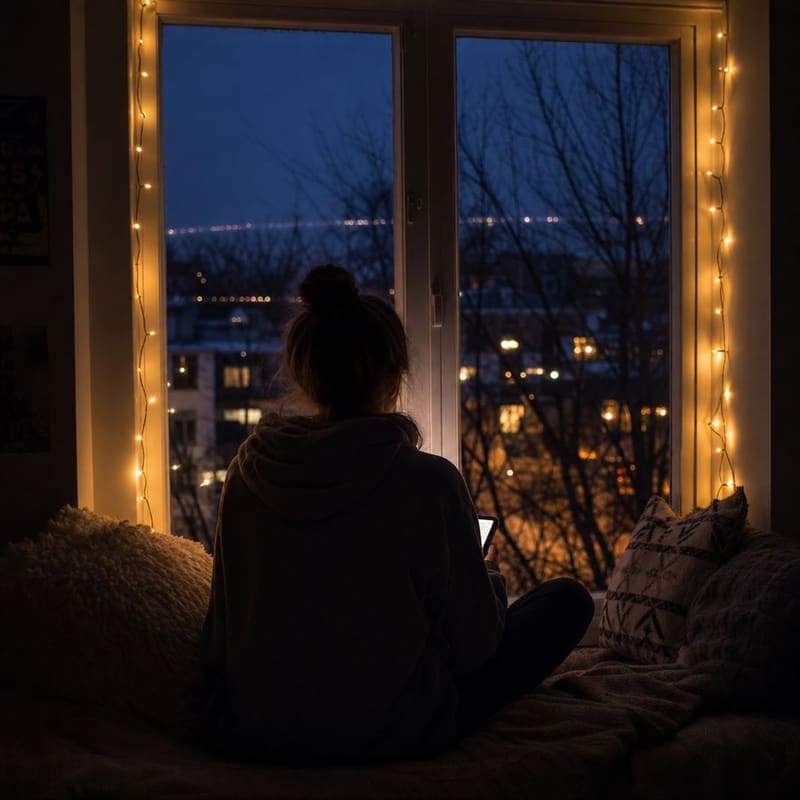 A teenager in silhouette on a window seat at night, phone glow on their hoodie, fairy lights around the window