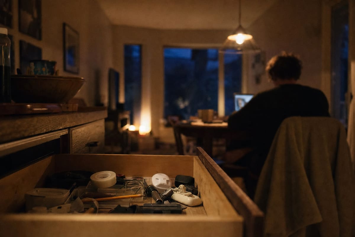 An open kitchen drawer with household odds and ends, tape and a pencil, lit from above