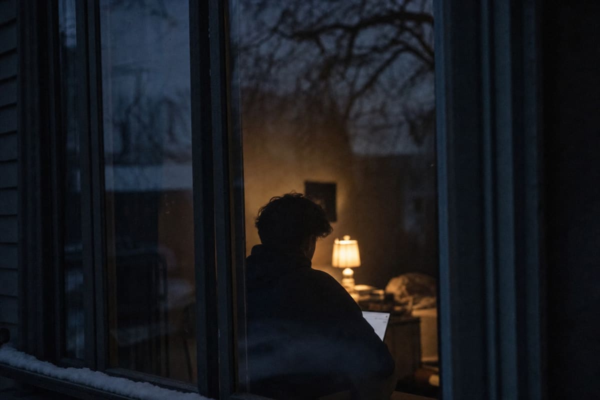 A teenager's silhouette reflected in a dark window at night, the room warm behind them